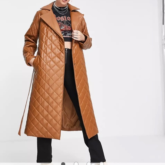 Reclaimed Vintage inspired quilted leather look coat in brown - Picture 4 of 4